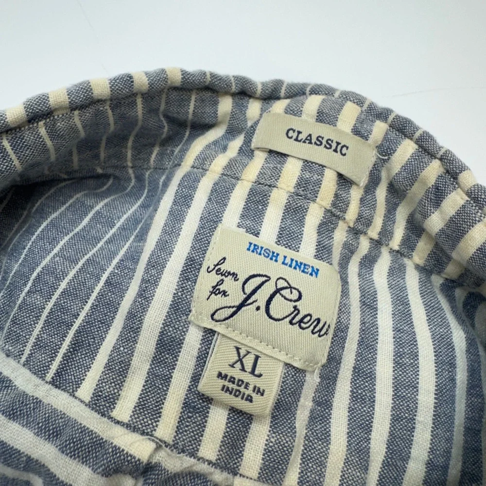 J Crew Irish Linen Button Down Shirt Mens XL Blue Striped Coastal Preppy